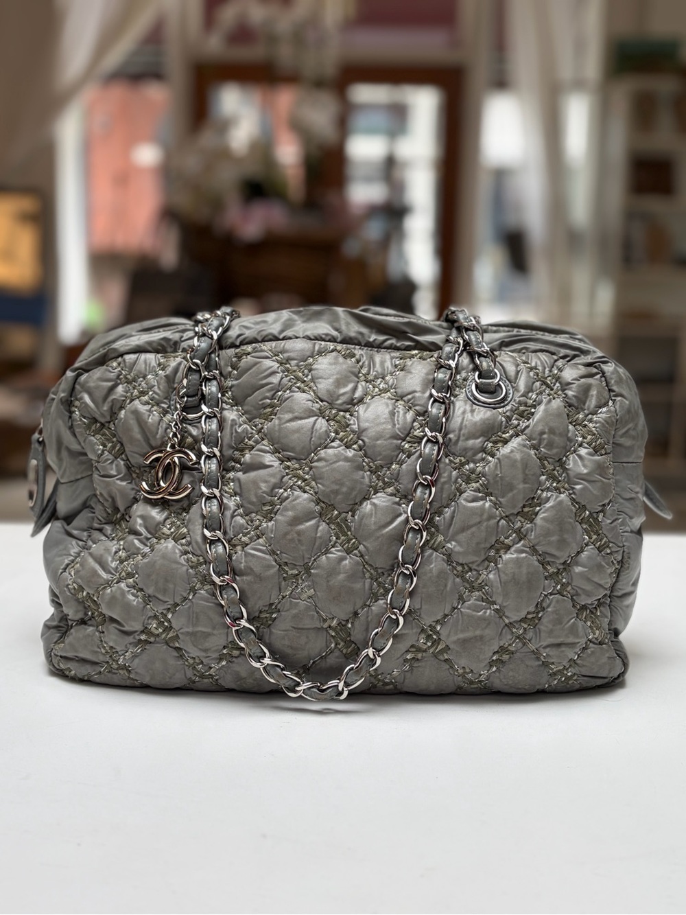 CHANEL Quilted Chain-Handle Shoulder Bag in Metallic Silver-Gray